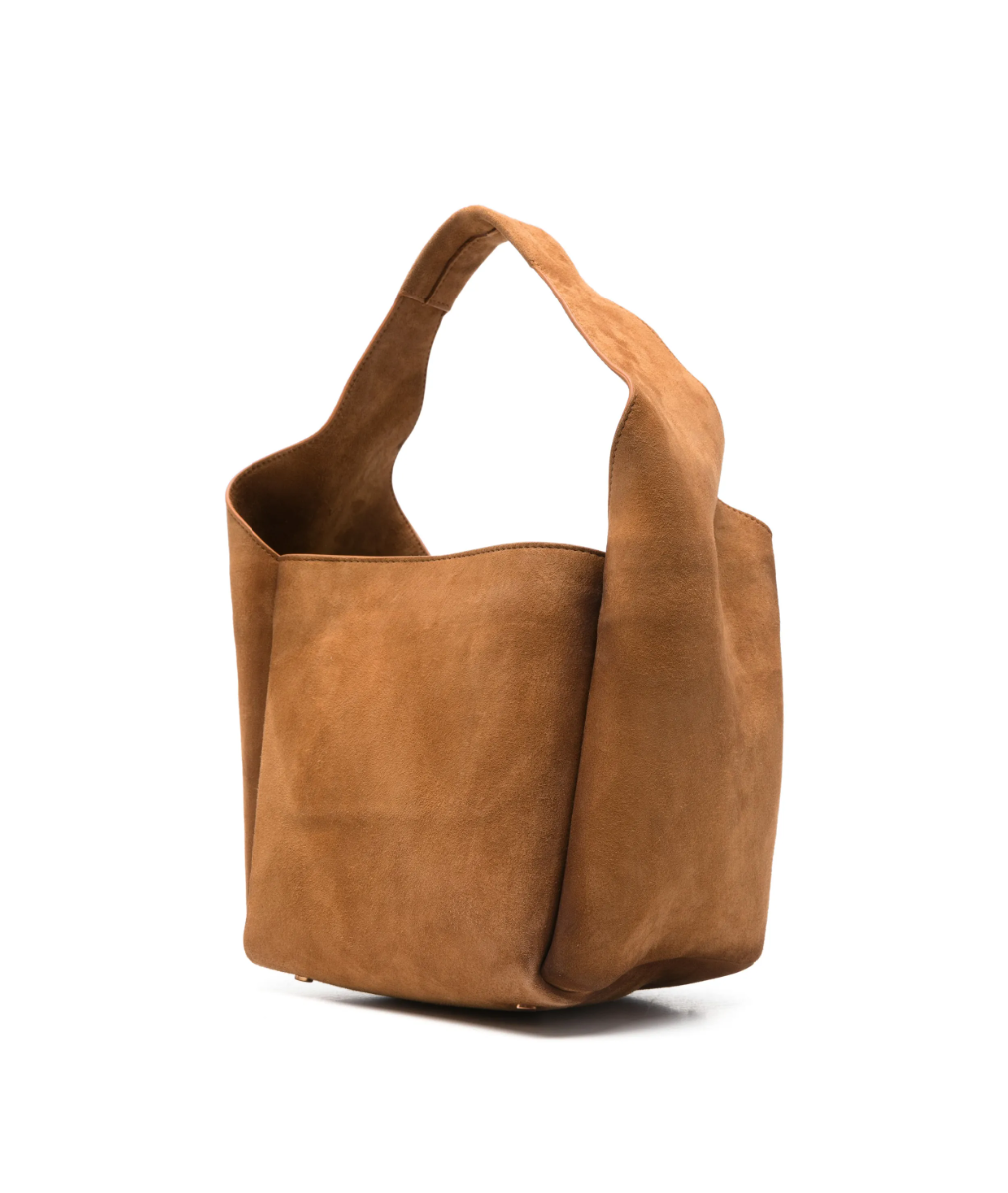 Tela suede bucket bag in tobacco brown with square shape and soft goat leather.