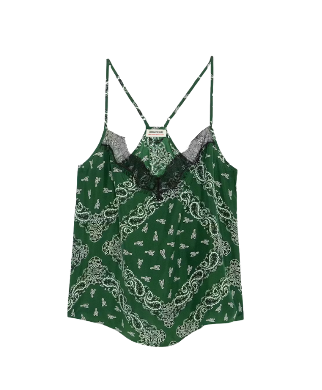 Zadig&Voltaire Cespa silk cami in Meadow with bandana print, lace neckline, and adjustable straps.