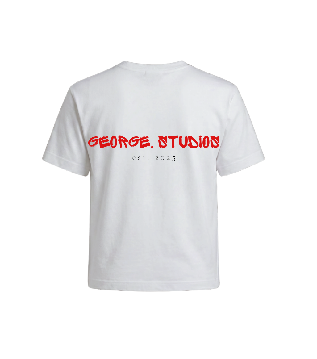 GEORGE. STUDIOS ESCAPE Slim-Fit T-Shirt in White with red “everyday mood: daydrinking in the sun.” print.