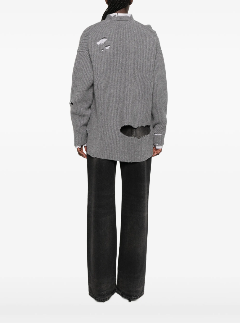 HAIKURE COURTNY Cardigan in Grey, crafted from 100% merino wool with distressed detailing, ribbed knit and an asymmetric hem.