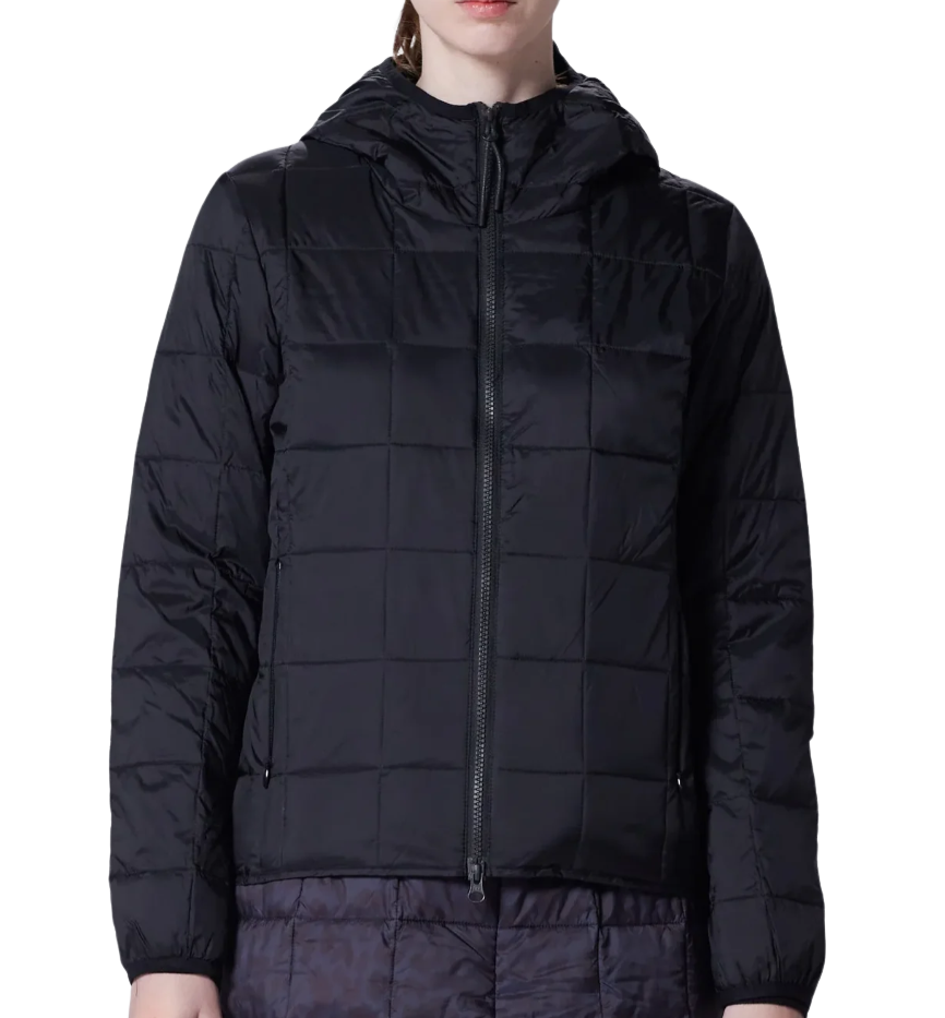TAION Basic Hood Down Jacket in black with W-zip front and included storage bag.