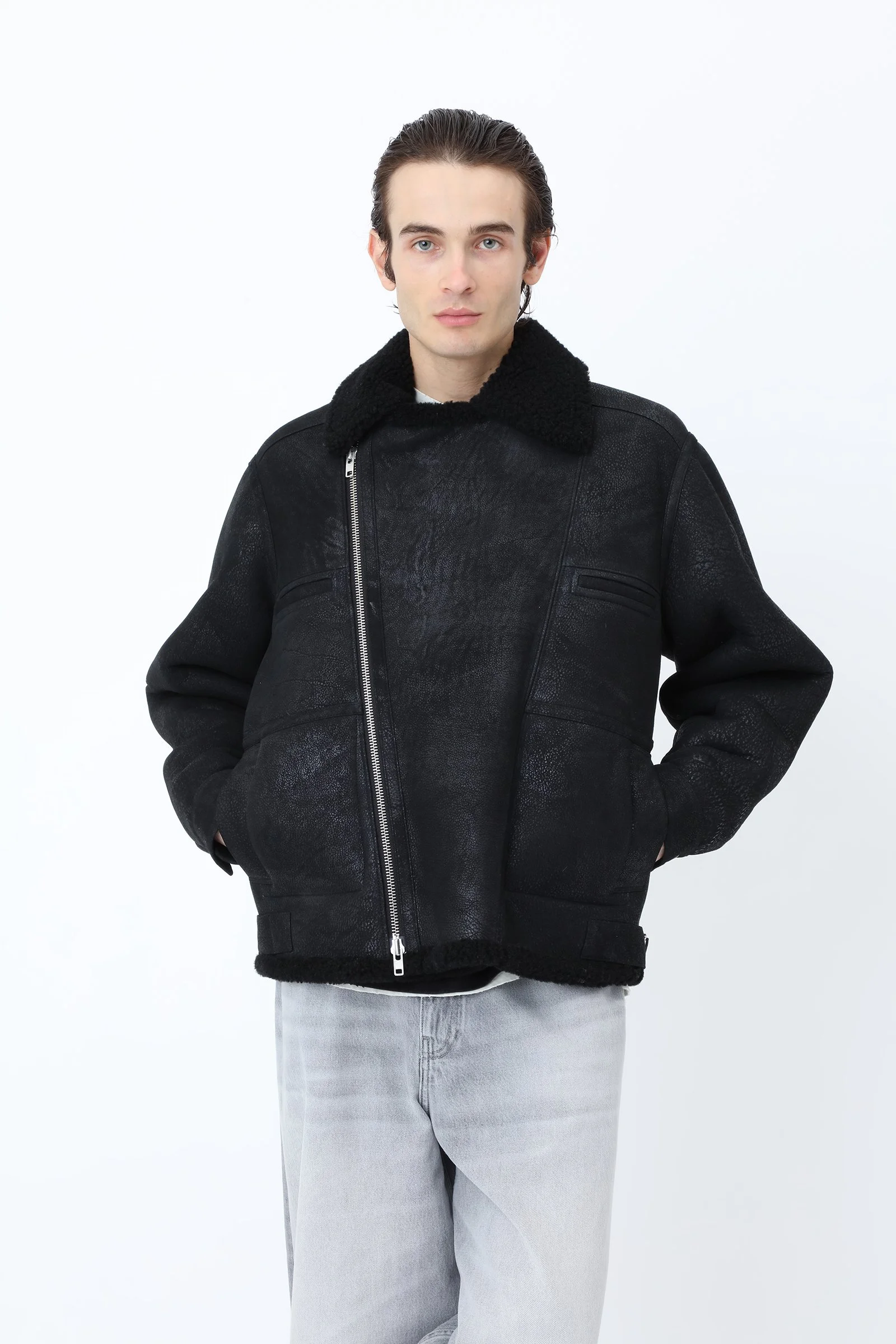 Won Hundred REMIS Shearling Jacket for men in Black, crafted from 100% lamb shearling with an oversized fit and asymmetric zip.