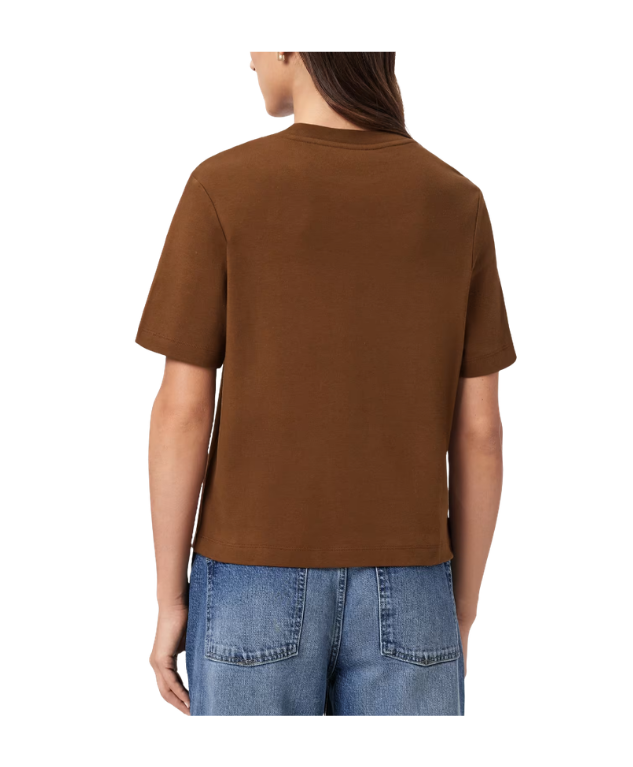 AllSaints LOVER Lisa Embroidered T-shirt in cognac brown with crew neck, short sleeves, embroidered heart patch, and signature logo.