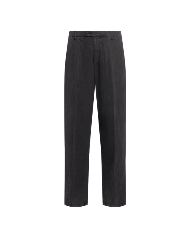 Dondup Mason trousers in black with linen-lyocell blend, relaxed fit, and pressed creases.