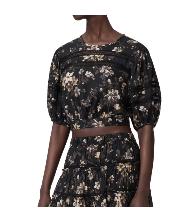 AllSaints PEONY Lace Trim Cropped Top in vine black with tie-neck closure, round neck, half sleeves, and delicate lace inserts.