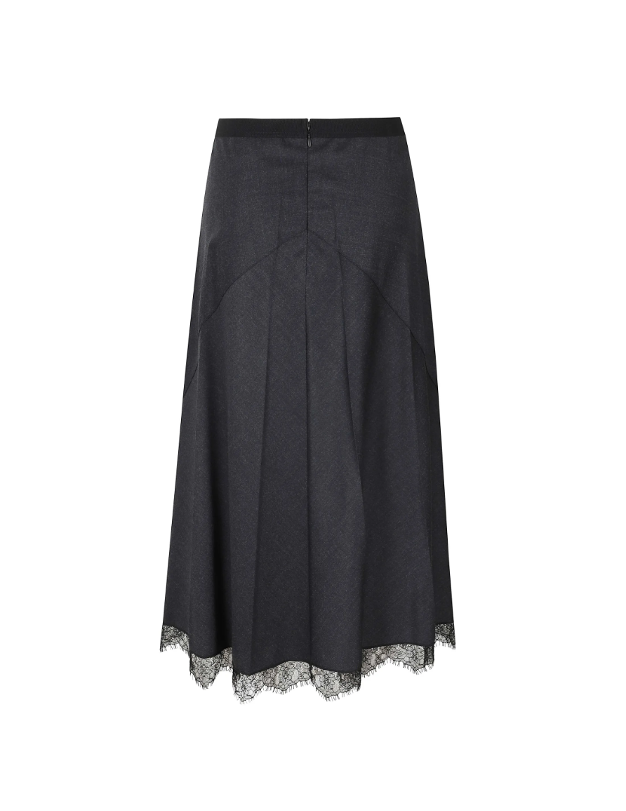 TELA Panelled Skirt in Nero, featuring delicate lace detailing, contrasting panels, an elasticated waistband and scalloped hem.
