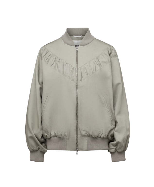 Drykorn GRENTON jacket in dried weed with oversized fit, stand collar, and hemp-lyocell blend.