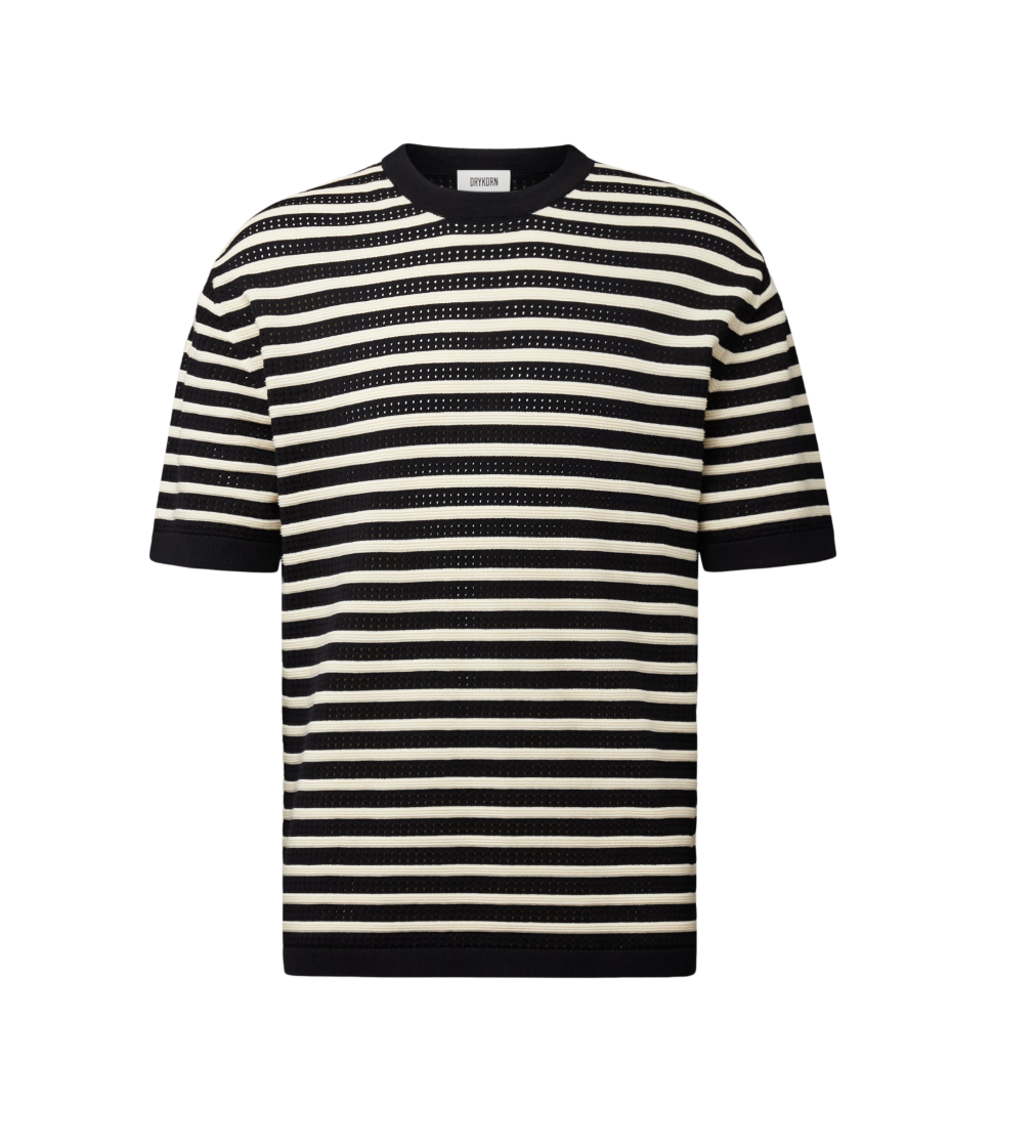 Drykorn DERICO knit T-shirt in black with open-knit texture, subtle stripes, and a regular fit.