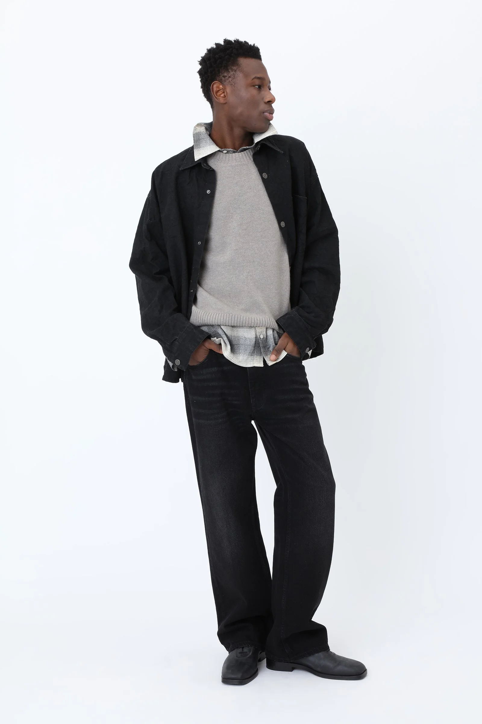 Won Hundred MAZA Denim Shirt for men in Xenon Black, featuring a regular fit, washed denim finish, pointed collar and chest pocket.