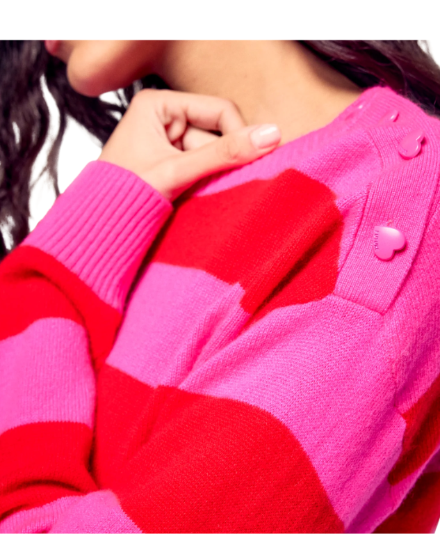 From Future striped cashmere sweater in flash pink with heart buttons and two-tone stripes.