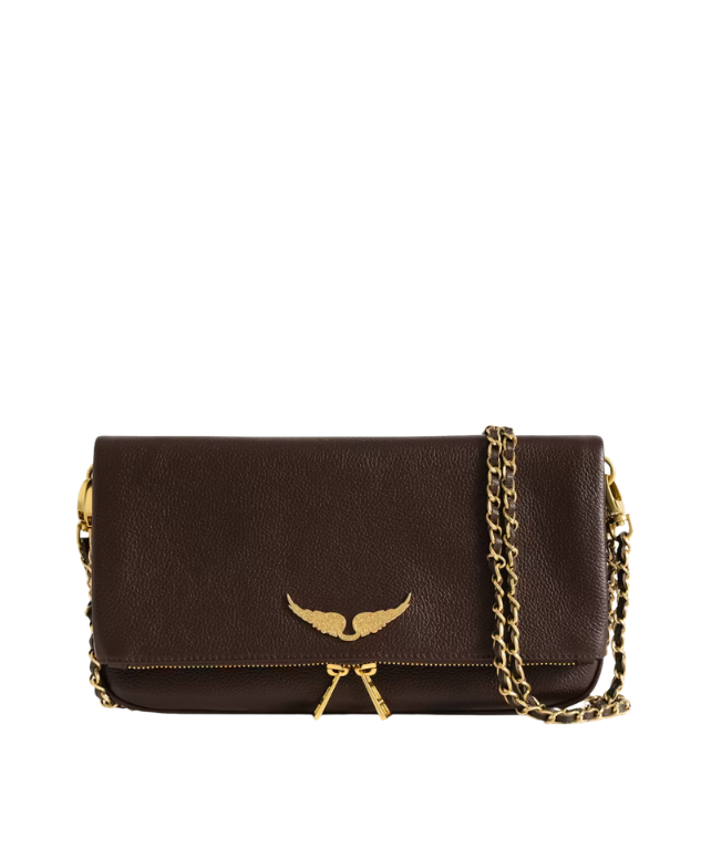 Zadig&Voltaire Rock clutch in Brownie grained leather with crystal wings and removable chain straps.