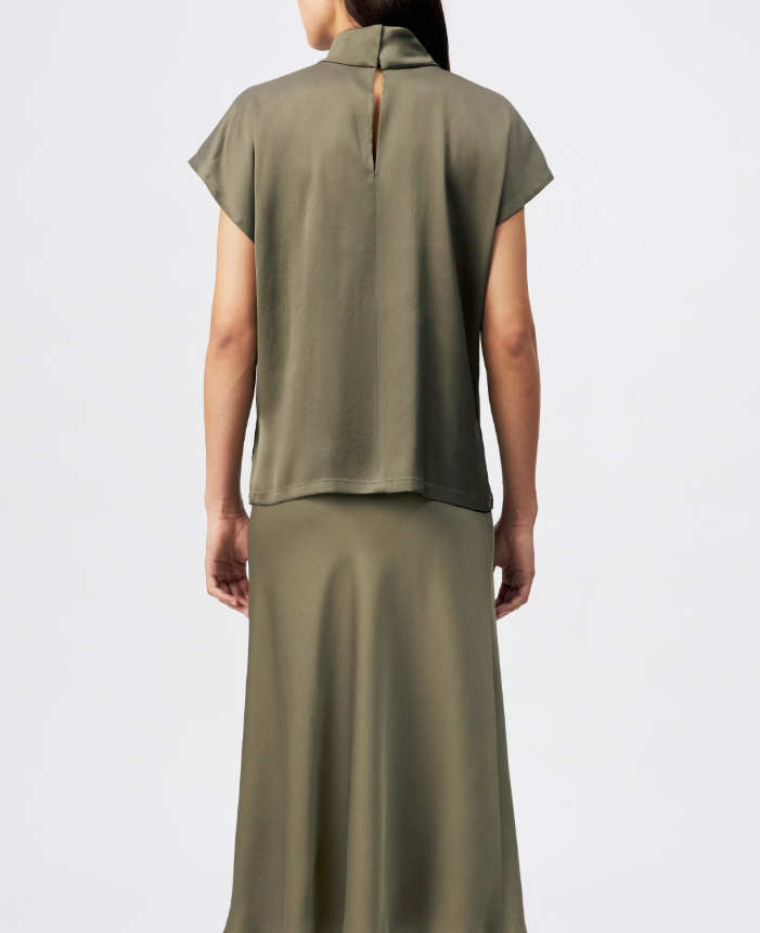 Dusty olive ALARIA_1 blouse by Drykorn in relaxed fit with stand collar, short sleeves, and eco-friendly satin for elegant everyday style.