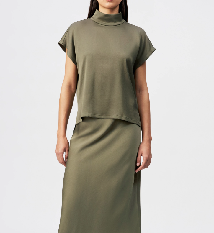 Dusty olive ALARIA_1 blouse by Drykorn in relaxed fit with stand collar, short sleeves, and eco-friendly satin for elegant everyday style.