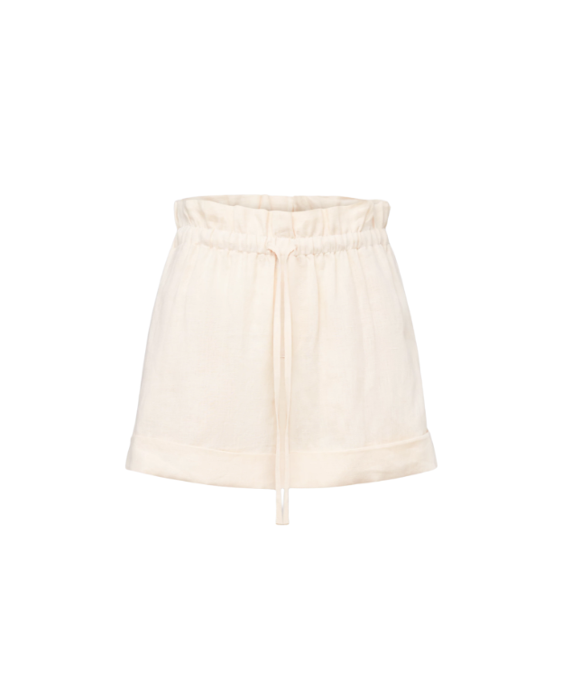Drykorn EDICT linen shorts in ecru with paperbag waist, drawstring, and relaxed fit.