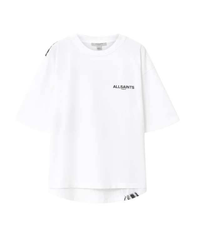 AllSaints SWOOP Amelie oversized T-shirt in optic white with crew neck, high-low hem, and AllSaints London print.