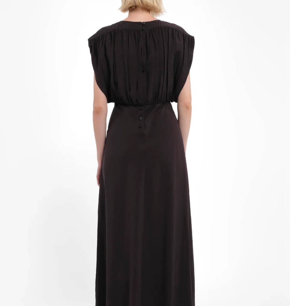 Tela D. Vega maxi dress in coffee brown Tencel with ruched top and sleeveless design.