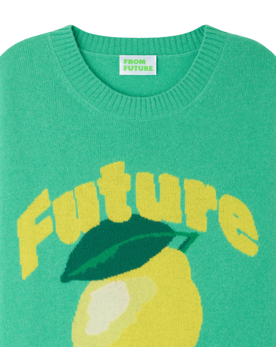 Garden Party Green cashmere sweater by From Future, featuring lemon intarsia motif, oversized fit, and sustainable certified knit.