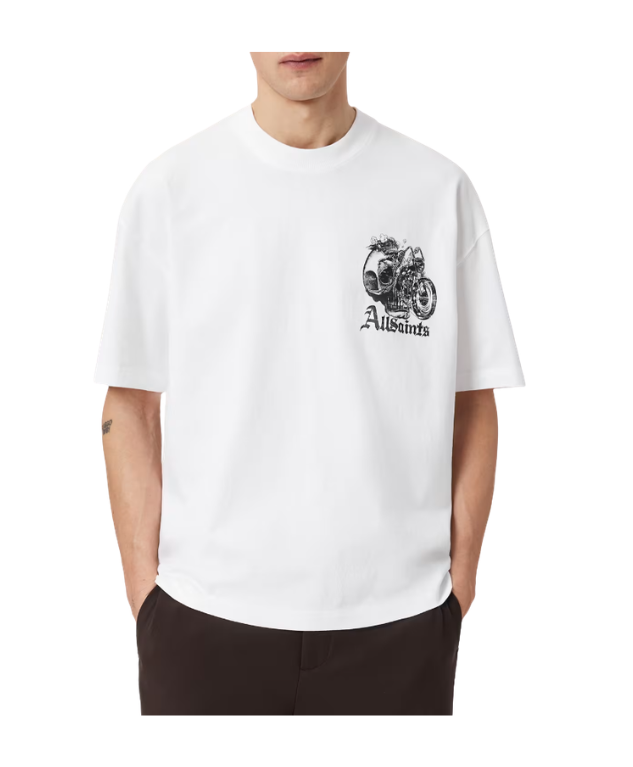 AllSaints PANHEAD Oversized Graphic T-shirt in optic white for men with crew neck, short sleeves, and bold graphic print.