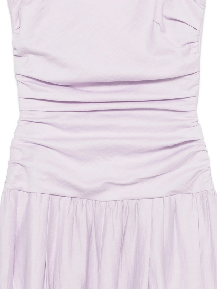 Tela ruched maxi dress in lilac with tie-back detail, square neckline, and linen-viscose fabric.
