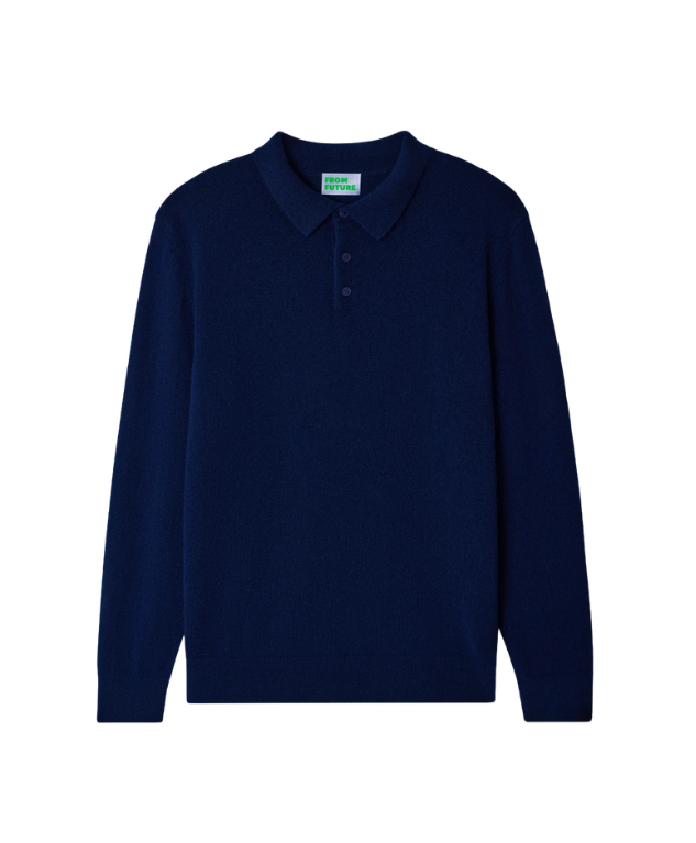 FROM FUTURE Cashmere Polo Sweater for men in Navy, crafted from 100% GCS®-certified cashmere with a buttoned polo collar and regular fit.