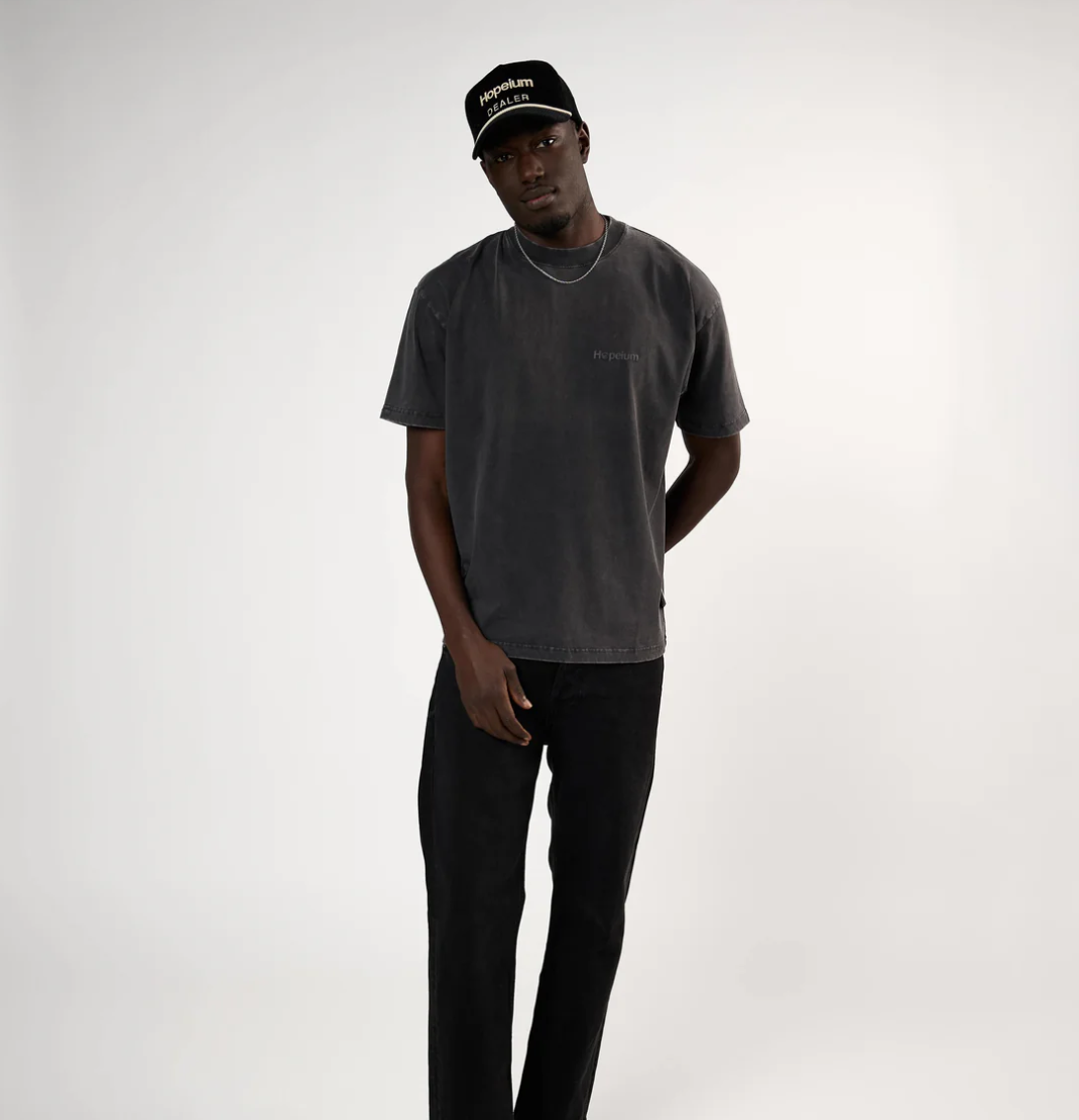 HOPEIUM men’s “THIS IS YOURS NOW” T-shirt in washed grey with heart print, logo detail, and oversized fit.