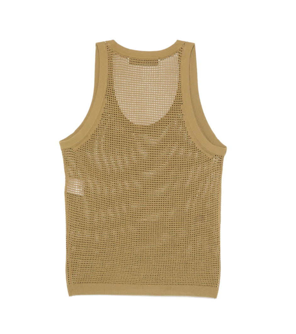 Mustard yellow knitted tank top by Tela, made in Italy with scoop neckline and textured knit design for modern styling.