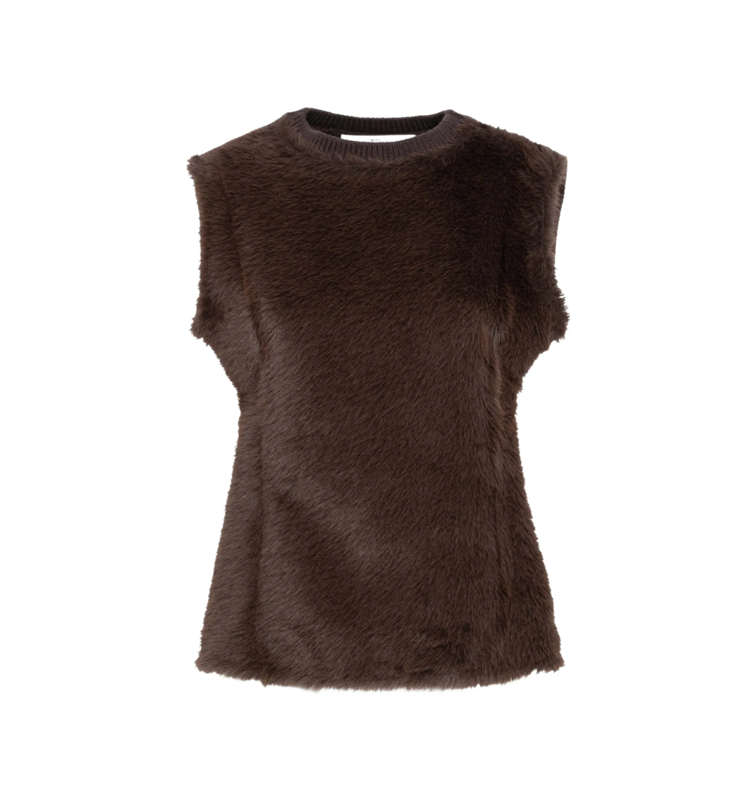 TELA Faux Fur Knit Vest in Brown, featuring a textured knitted design, plush faux fur panels, round neckline and ribbed trims.