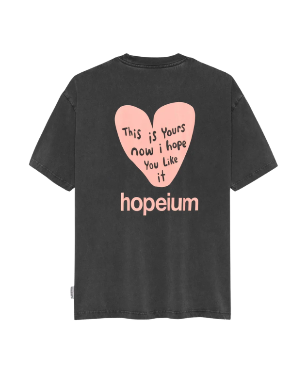 HOPEIUM men’s “THIS IS YOURS NOW” T-shirt in washed grey with heart print, logo detail, and oversized fit.
