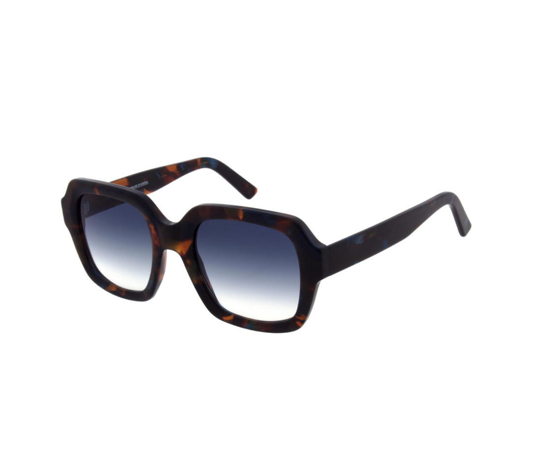 Andy Wolf DABBIE sunglasses with blue lenses, colourful tortoiseshell frame, and rectangular shape.