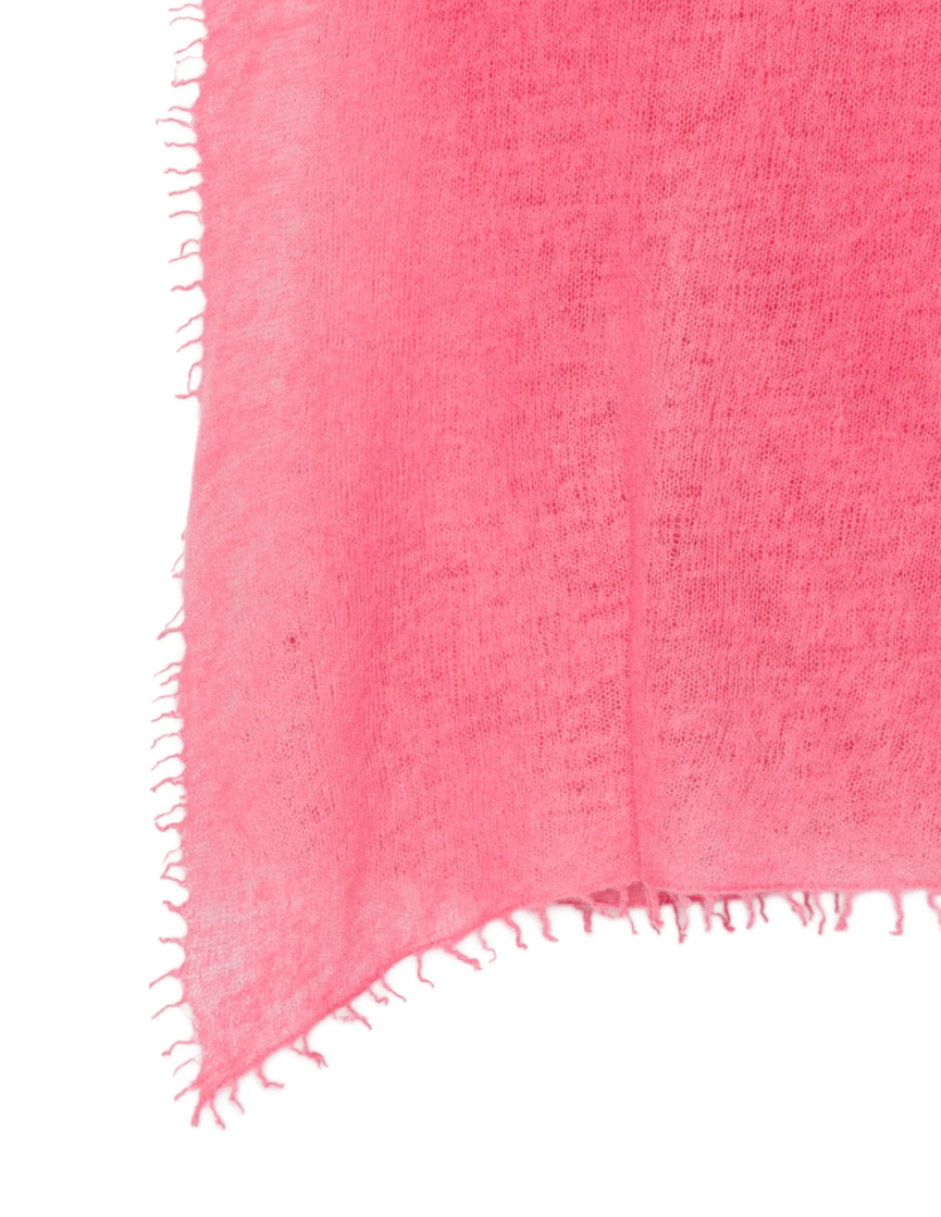 WARM-ME Small NOMAD Scarf in Fruit Dove, crafted from 100% pure cashmere with a lightweight, semi-sheer fine knit and fringed edges.