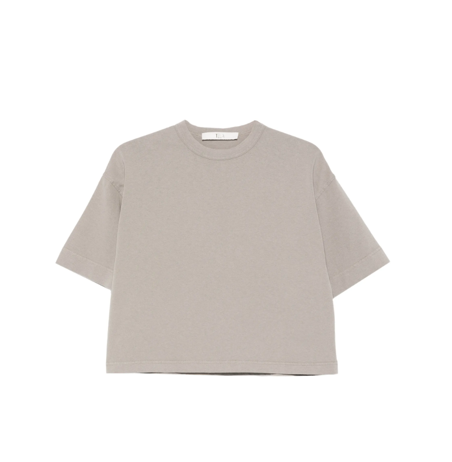 Grey Mojito T-shirt by Tela in cotton with round neck, short sleeves, cropped length, and oversized fit.