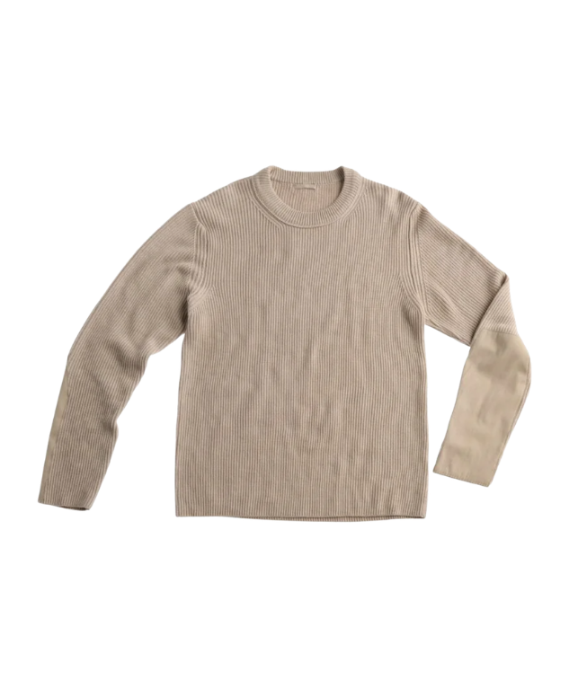 Ten C cotton knit sweater in pale taupe with ribbed texture and OJJ fabric sleeve details.