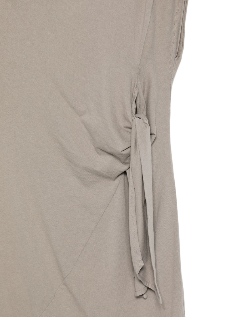 Grey maxi dress by Tela with front knot, tie detail, side slit, and heavy jersey fabric for sculptural elegance.