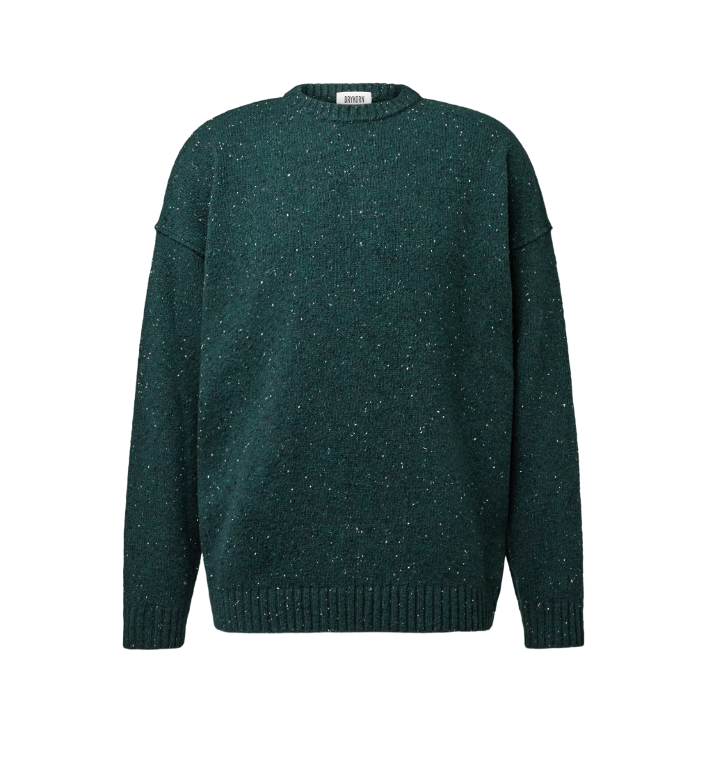 Drykorn NEELIO Knit Sweater for men in Petrol Green with a relaxed fit and distinctive speckled tweed texture.