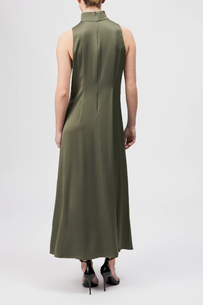 Dusty olive AMABEL sleeveless maxi dress by Drykorn in eco-friendly satin with stand collar, waist pleats, and flared skirt for elegant style.