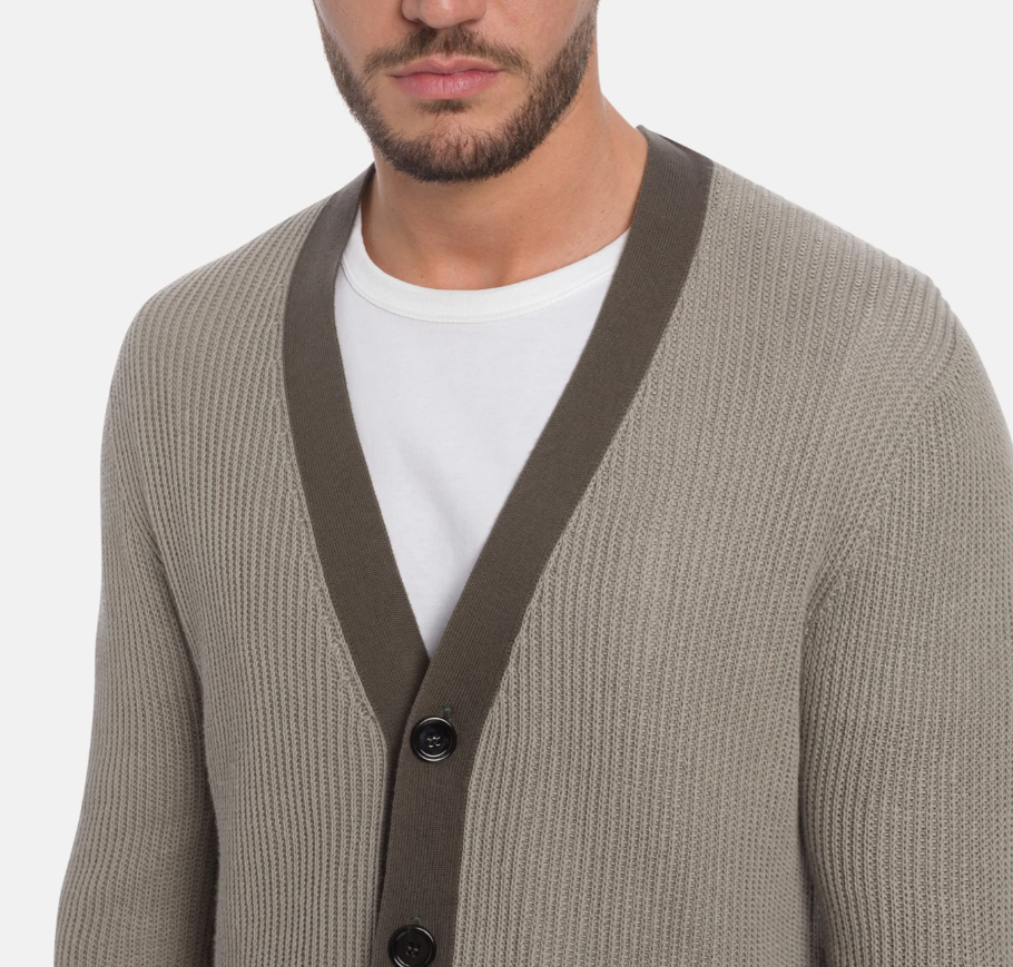 Dondup grey ribbed knit cardigan with V-neck, button fastening, and striped texture.