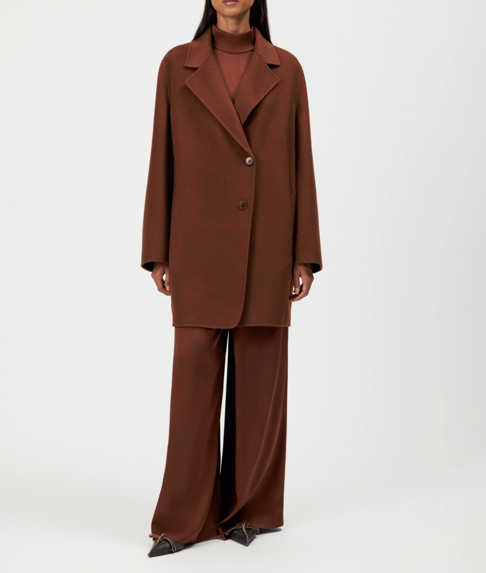 Drykorn RYTON Coat for women in Chocolate Fondant, crafted from a soft doubleface wool blend with a relaxed fit and elegant lapel.