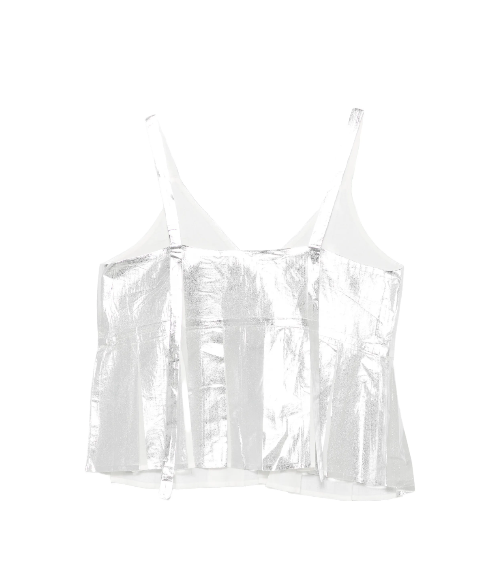 Tela metallic pleated top in silver with V-neck, spaghetti straps, and sleeveless design.
