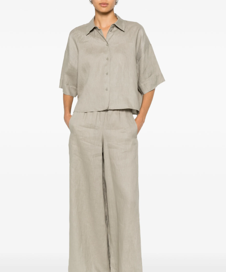 Drykorn YARIKA linen shirt in dried weed with oversized fit, 3/4 sleeves, and side slit details.