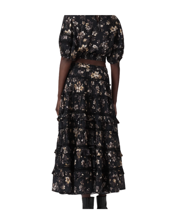 AllSaints TALIA Printed Midi Skirt in vine black with elasticated waistband and tiered lace frill detailing.