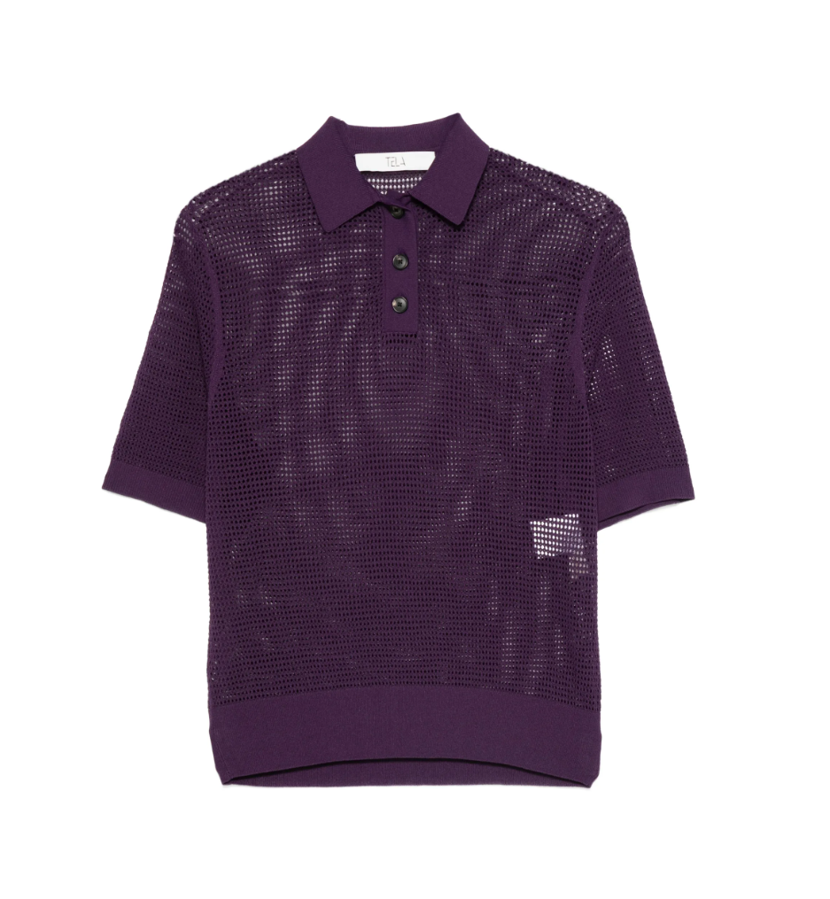 Lilac open-knit polo shirt by Tela, made in Italy with short sleeves, ribbed hem, and button placket for a refined modern look.