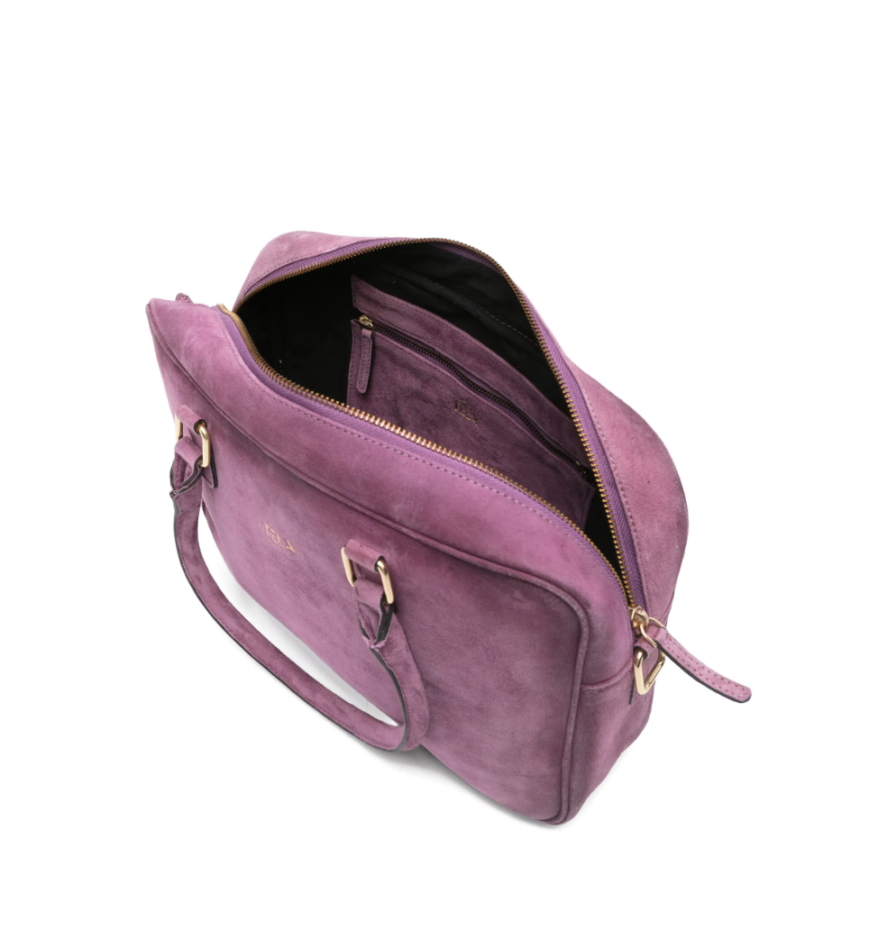 Tela suede tote bag in lilac with top handles, zip closure, and gold-tone hardware.