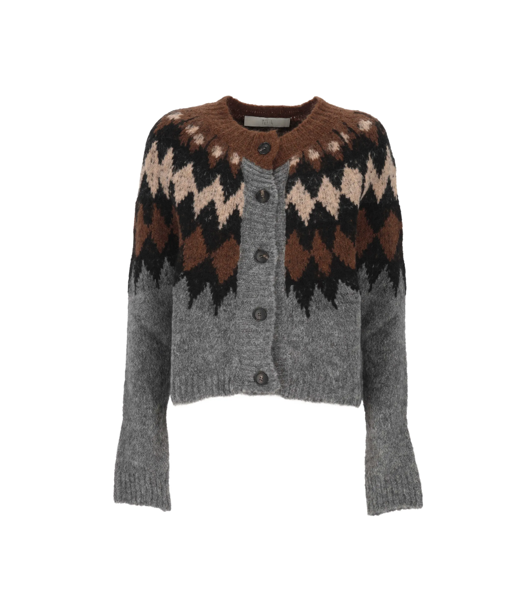 TELA EIKO Knit Cardigan in Fantasia, made in Italy with a classic Argyle pattern, round neckline, button closure and ribbed trims.