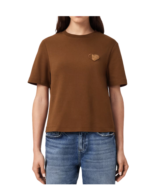 AllSaints LOVER Lisa Embroidered T-shirt in cognac brown with crew neck, short sleeves, embroidered heart patch, and signature logo.