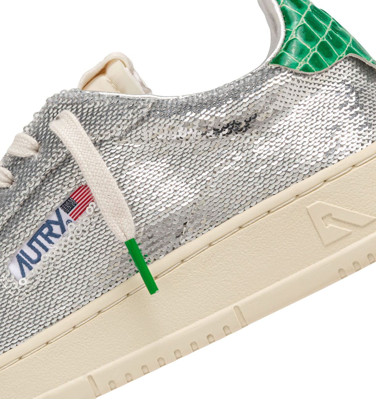 Autry Women’s Dallas Low Sparkling Sneakers in Silver and Green, Sequined Low-Top Shoes, Style ADLWTI01