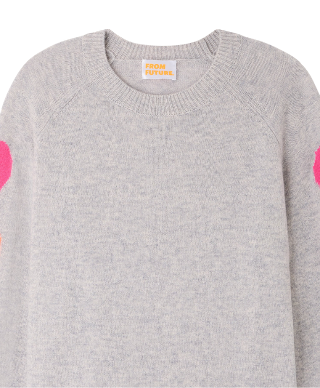 From Future cashmere sweater in light heather grey with colourful heart motifs and oversized fit.