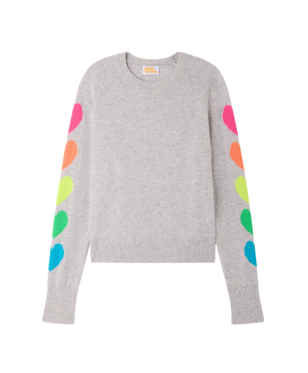 From Future cashmere sweater in light heather grey with colourful heart motifs and oversized fit.