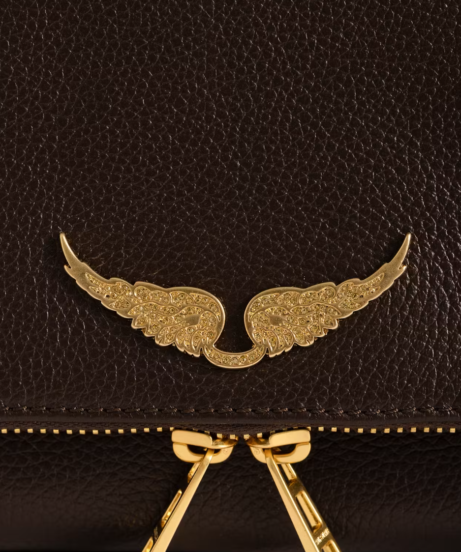 Zadig&Voltaire Rock clutch in Brownie grained leather with crystal wings and removable chain straps.