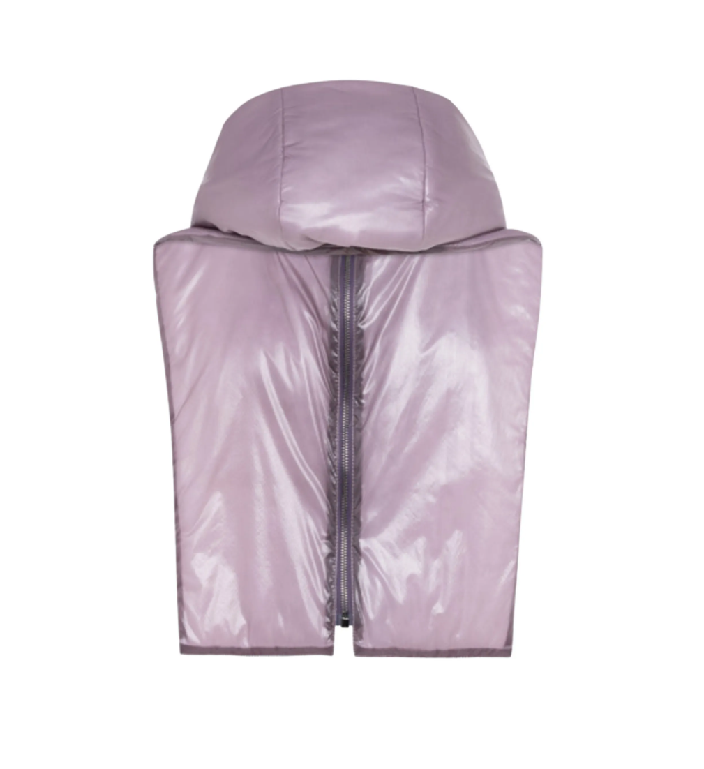 TELA Padded Hooded Scarf in Purple, featuring a quilted design, stand collar, front zip closure and silver-tone hardware.