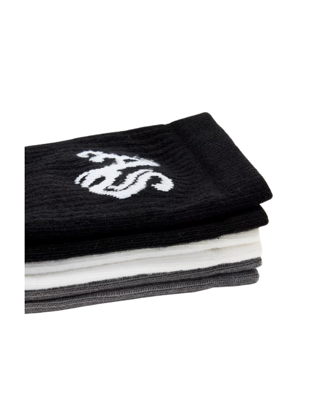 AllSaints Gothic 3 Pack Socks in jet black, white, and metal grey with signature jacquard logo and cotton stretch blend.